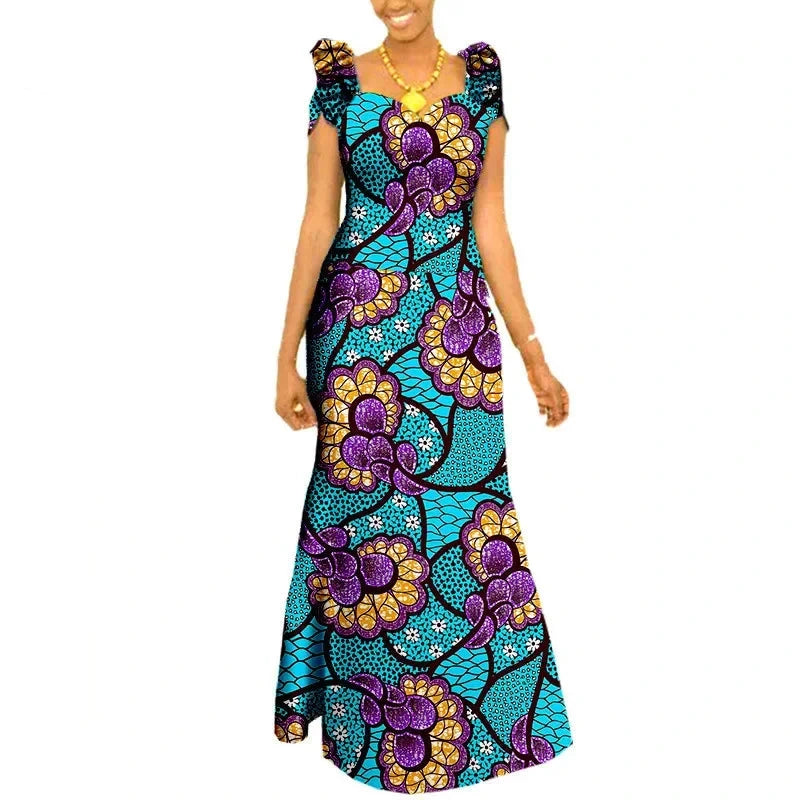 Afrikanisches langes Maxikleid für Damen |Kurzarm-Kleid aus Ankara-Stoff