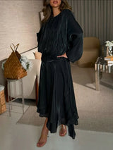 Women’s Elegant Spliced Fold Dress – Solid Loose Patchwork Midi, Round Neck Long Sleeve Lace-Up Dress