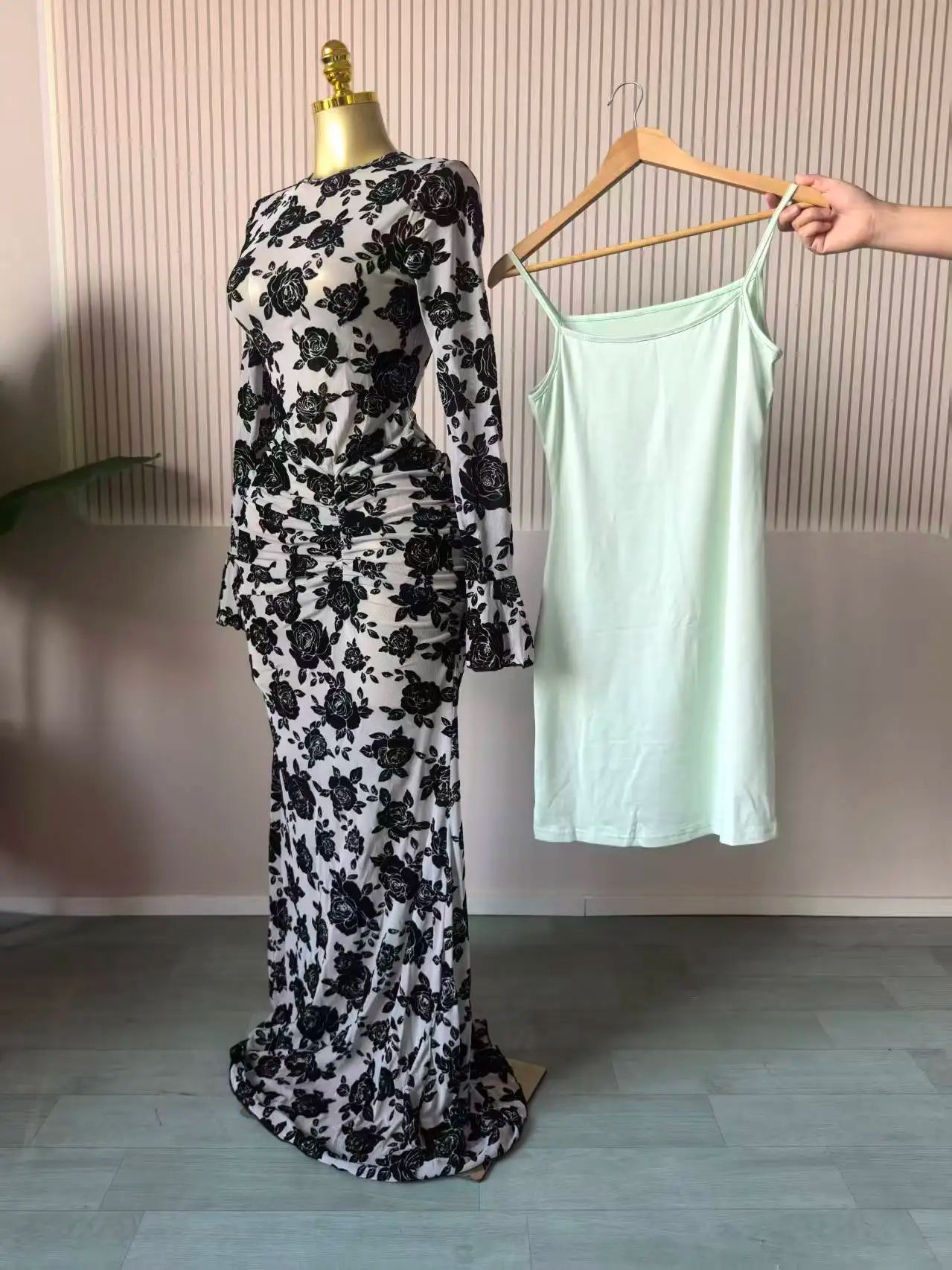 Damen gestapeltes Mesh-Bodycon-Kleid – sexy durchsichtiges Langarm-Abendkleid mit Futter