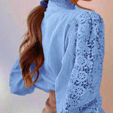Women’s High Neck Long Sleeve Lace Blouse | Elegant Hollow Paneled Sleeve Top