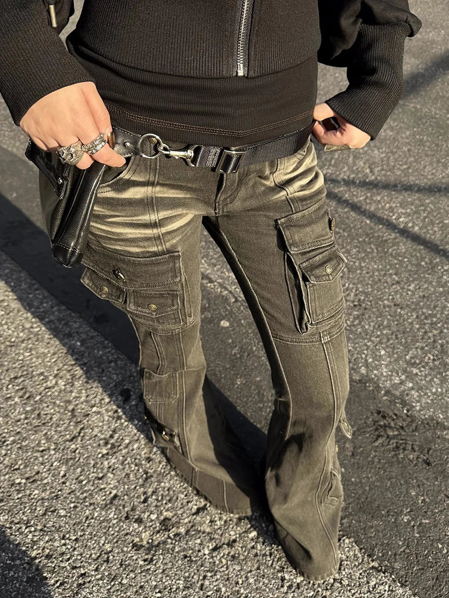 Black Low-Waist Cargo Jeans for Women | 2000s Distressed Whiskers Bootcut Pants