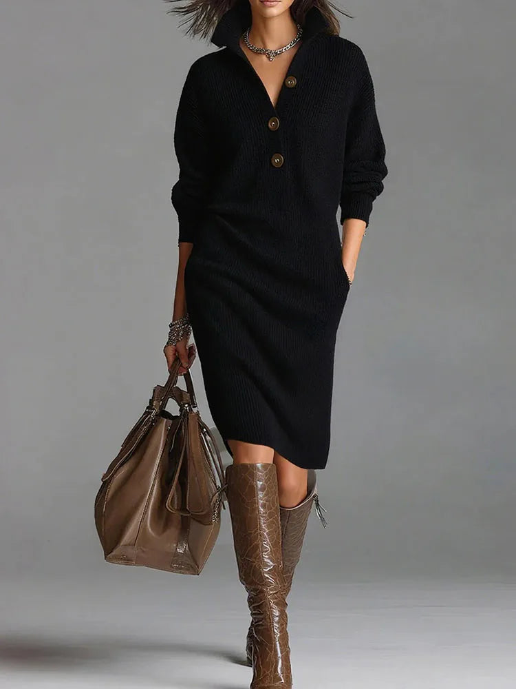 Elegantes Damen-Strickkleid mit Reverskragen – Geripptes, einfarbiges Midikleid mit langen Ärmeln