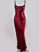 Damen sexy Satin Spaghettiträger Maxikleid – rückenfreies Schnür-Trompeten-Abendkleid