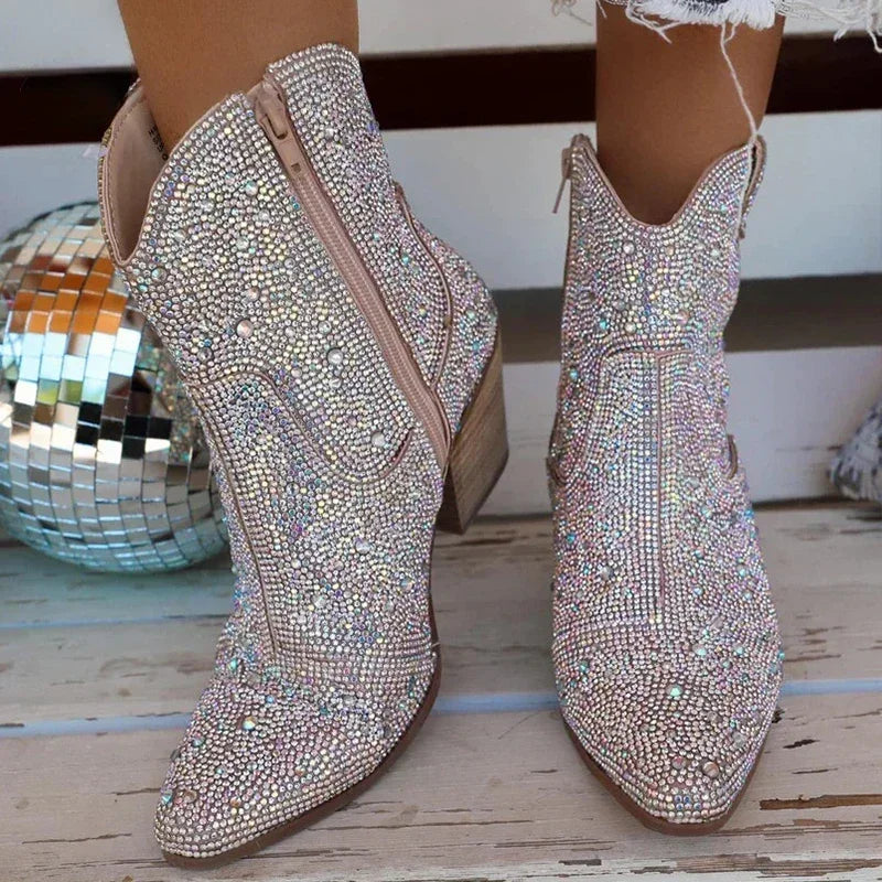 Damen-Glitzer-Cowboy-Stiefeletten – Glänzende Bling-Western-Cowgirl-Stiefeletten