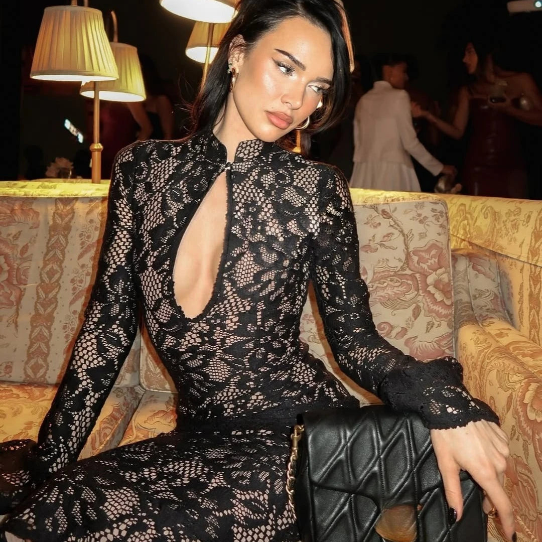 Lace Bodycon Party Dress – Elegant Flare Sleeve Midi Dress