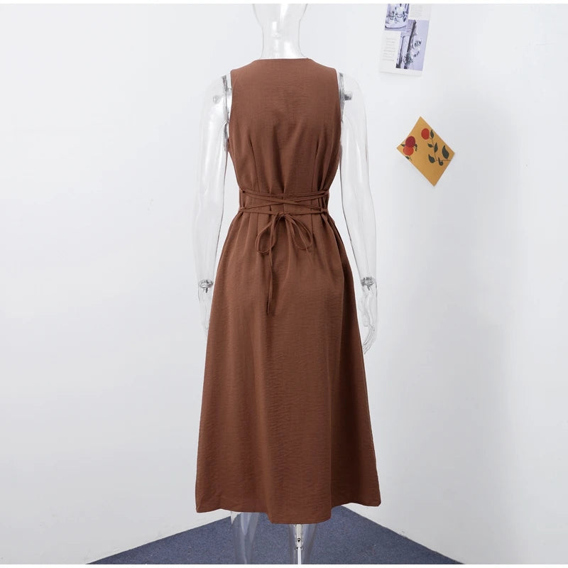 Women’s Elegant Sleeveless Long Dress – Slim Fit Solid O-Neck Maxi