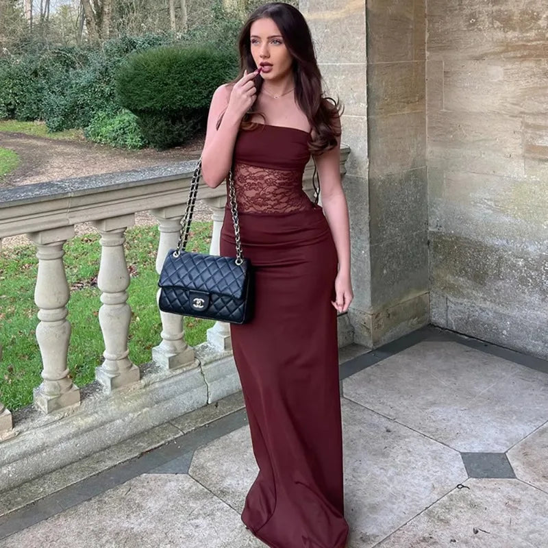 Women’s Spring Lace Long Dress – Sexy See-Through Spaghetti Strap Gown