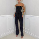 Damen sexy glänzendes Pailletten-Zweiteiler-Set – trägerloses Bandeau-Crop-Top & hochtaillierte Skinny-Hose