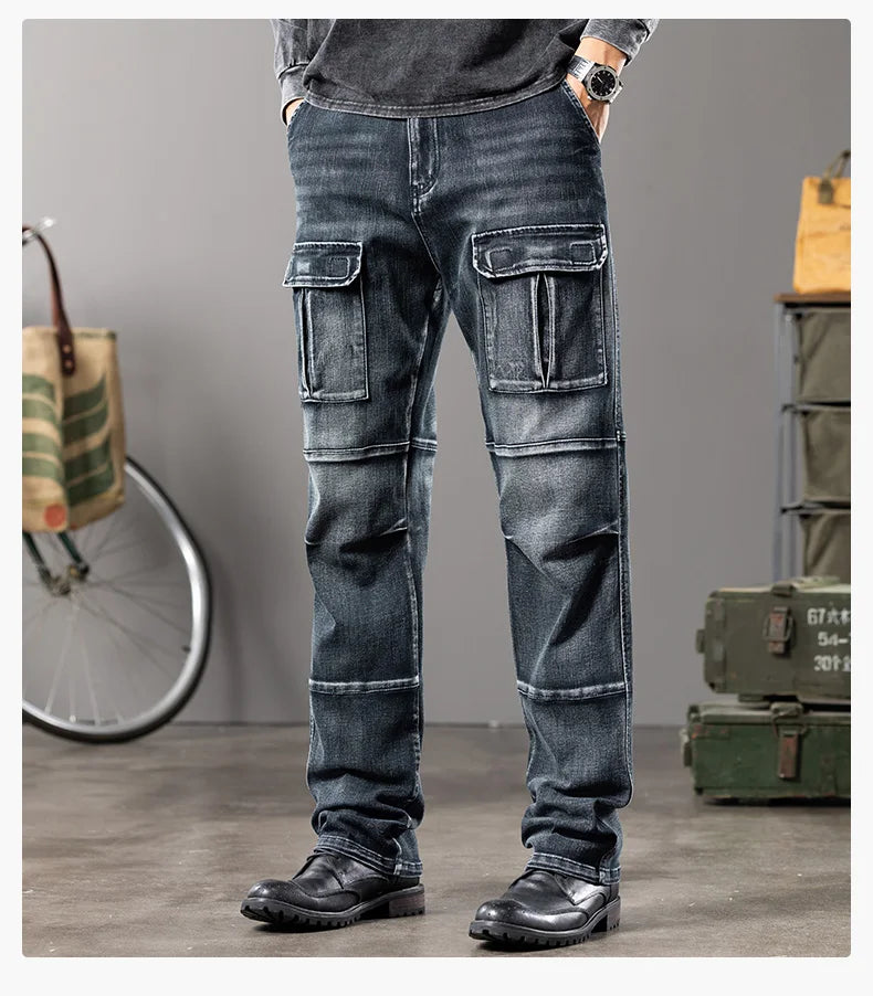 Herren Outdoor Weite Hosenbeine Arbeitsjeans | Multi-Pocket Straight Fit Denim