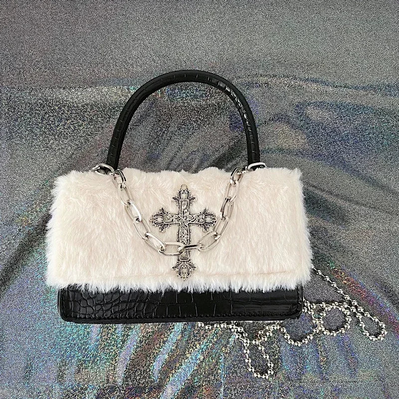 Die Plüsch-Vault Silhouette Gothic Kreuz Applikation Handtasche