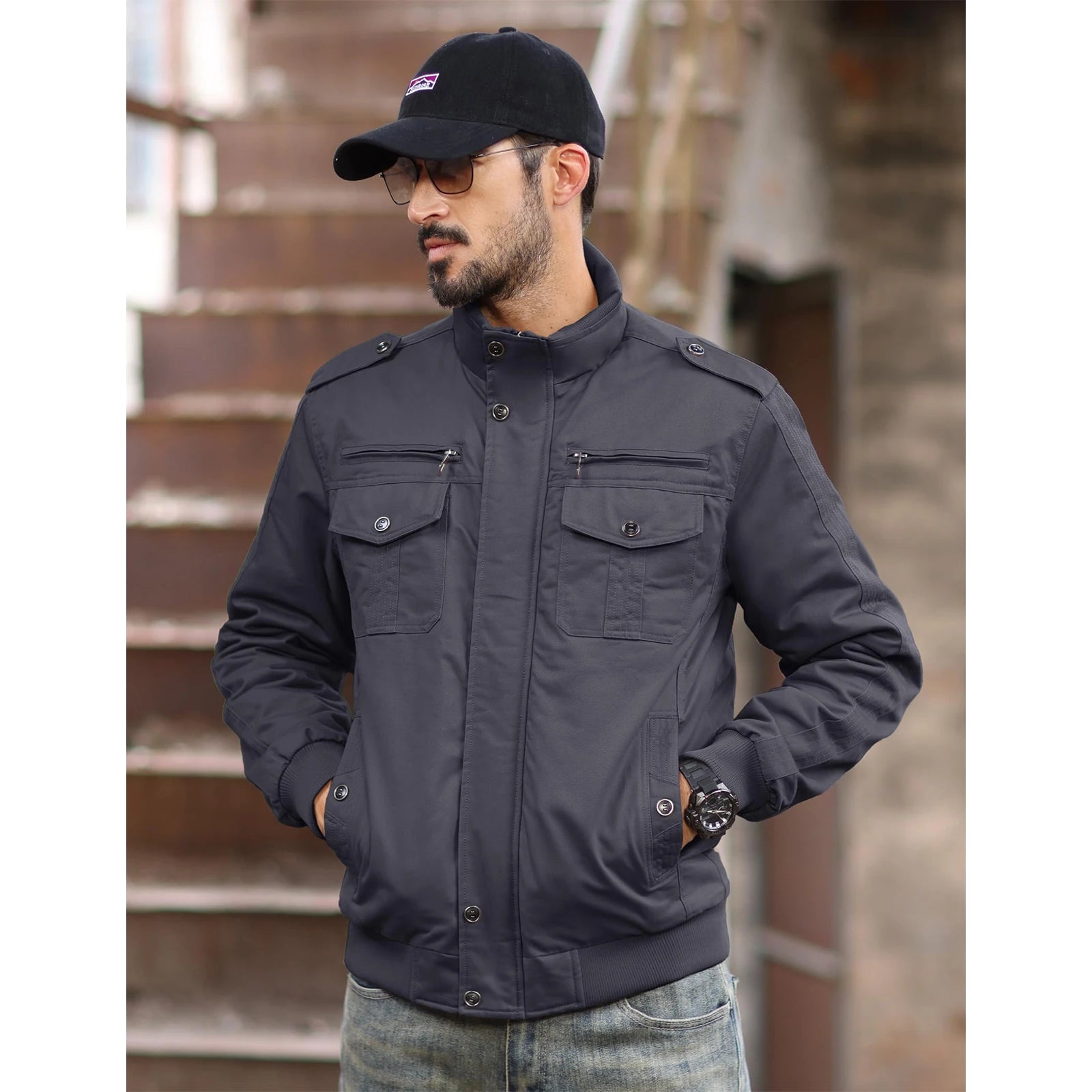 Men's Winter Fleece Bomber Jacket– Multi-Pocket Motorcycle Jacket with Stand Collar