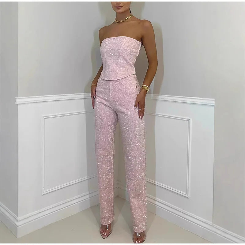 Damen sexy glänzendes Pailletten-Zweiteiler-Set – trägerloses Bandeau-Crop-Top & hochtaillierte Skinny-Hose