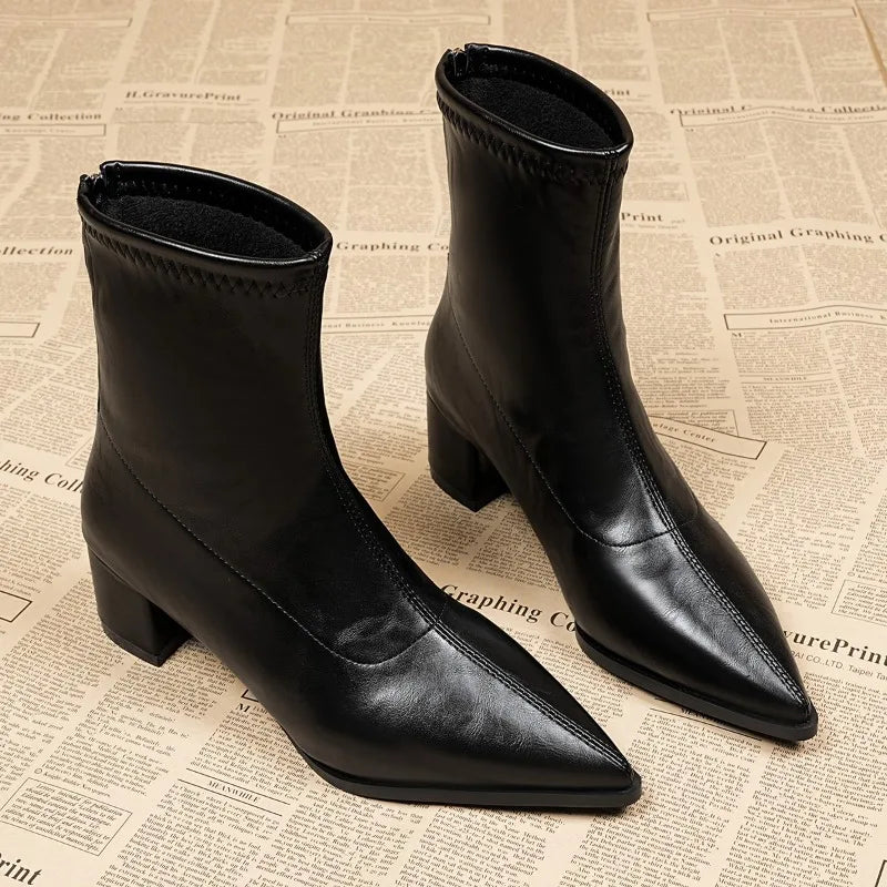 Women’s Vintage Thick Heel Ankle Boots – Slim Fit Pointed Toe Short Booties