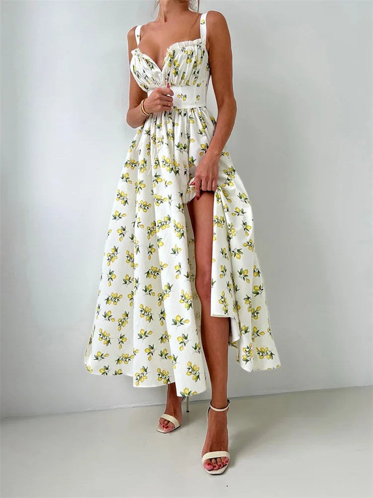 V-Neck Printed Elegant Maxi Dress for Women – Summer Sleeveless Bodycon Dress