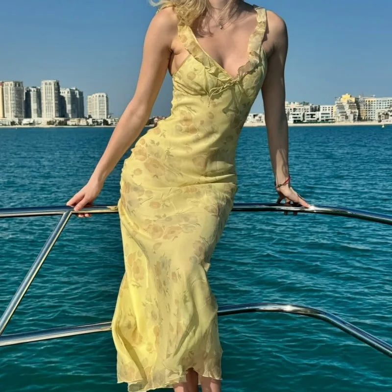 Summer Floral Print Plunge Maxi Dress – Sexy Backless Fairy Sundress