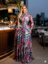 Batikdruck Langarm Maxikleid – Sexy Rundhals Abendkleid mit weitem Rock