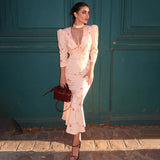 Deep V-Neck High Waist Office Party Gown – Slim Fit Long Sleeve Fishtail Dress