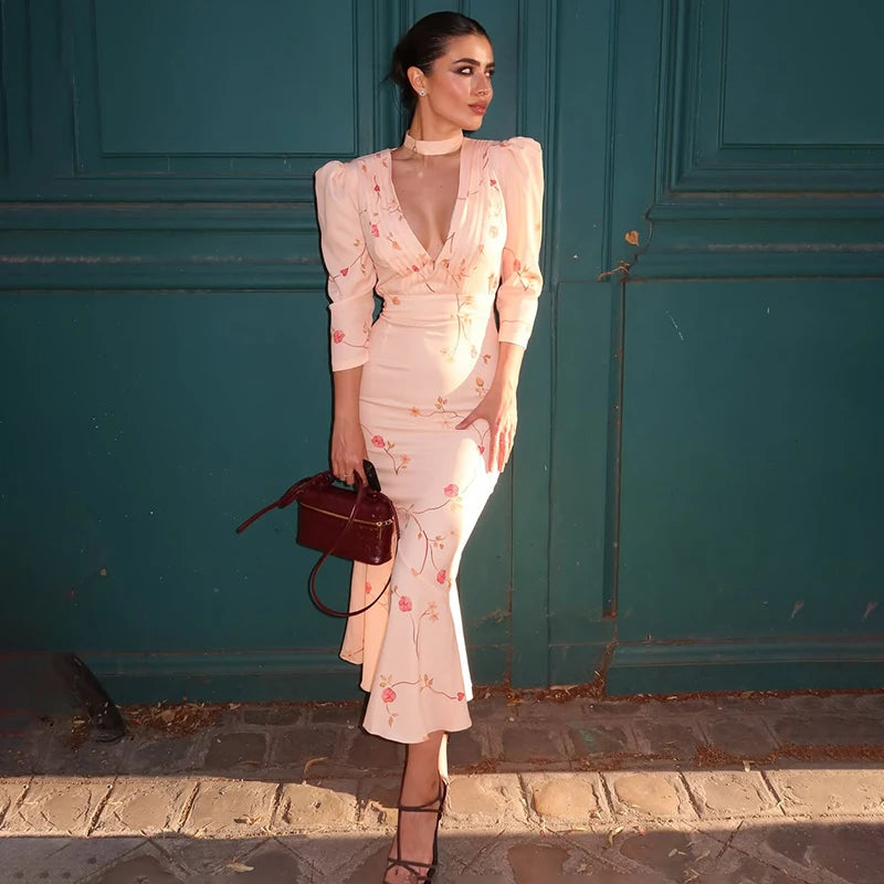 Deep V-Neck High Waist Office Party Gown – Slim Fit Long Sleeve Fishtail Dress