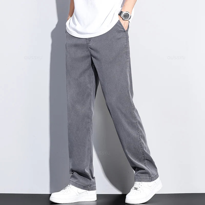 Men’s Soft Lyocell Summer Jeans – Elastic Waist Loose Straight Denim
