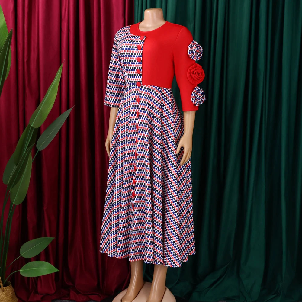 Elegantes Damen-A-Linien-Kleid mit 3D-Blumen – Herbstmode, afrikanisches Abendkleid mit Karomuster
