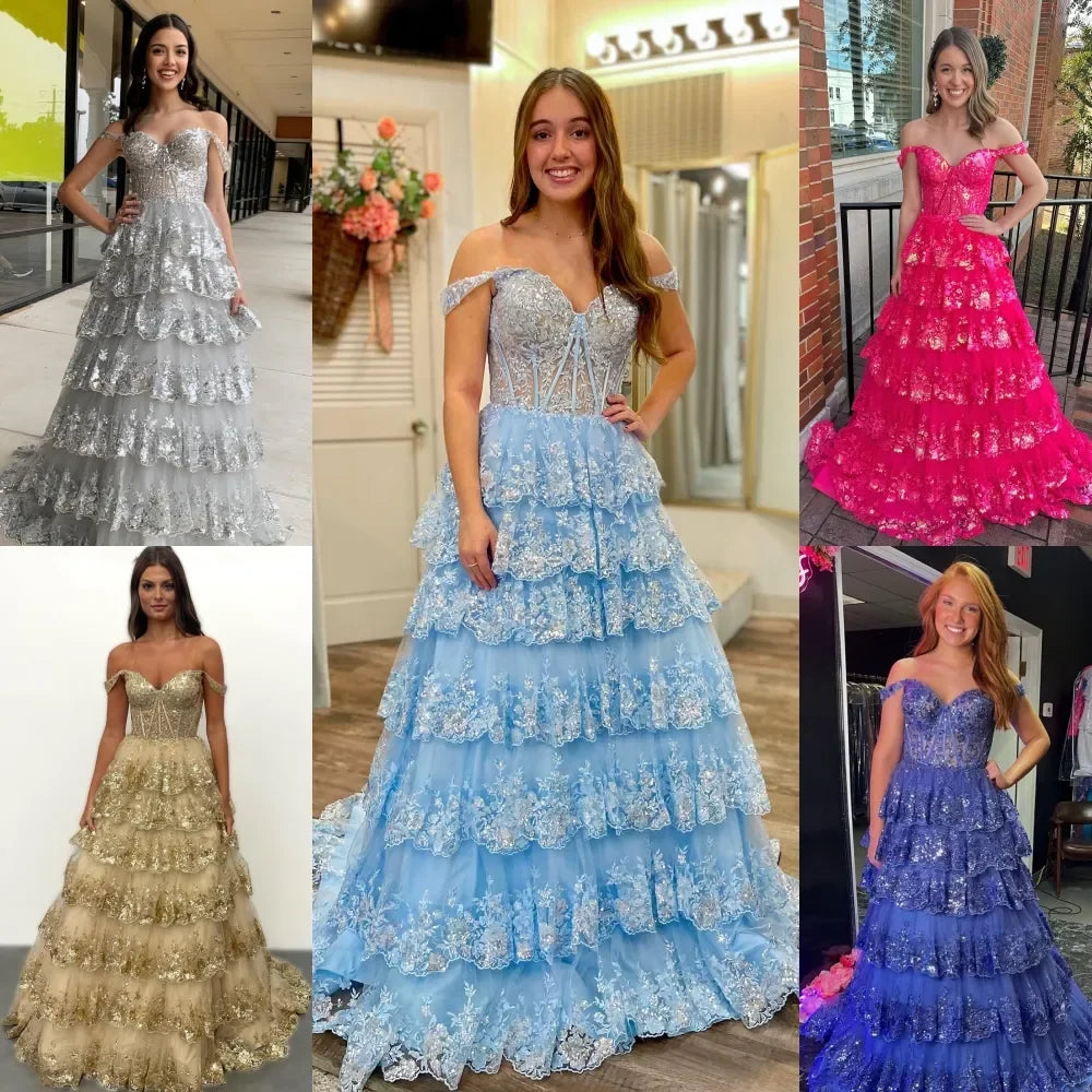 Puffy Off-Shoulder Evening Dress | Layered Tulle Sweetheart Prom Gown