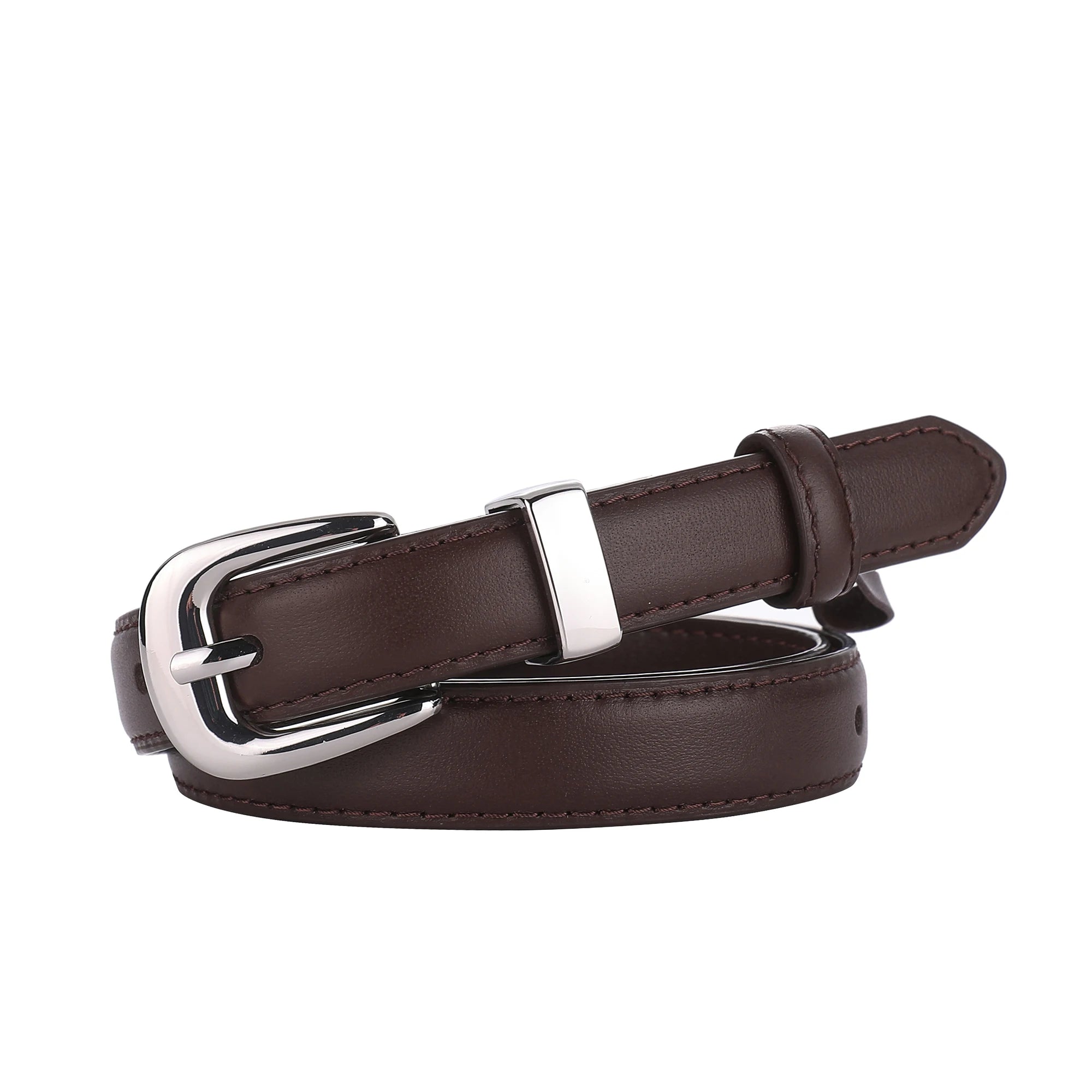 Women's Classy Skinny Belt – Bonded Leather Casual Waistband with Shiny Metal Buckle