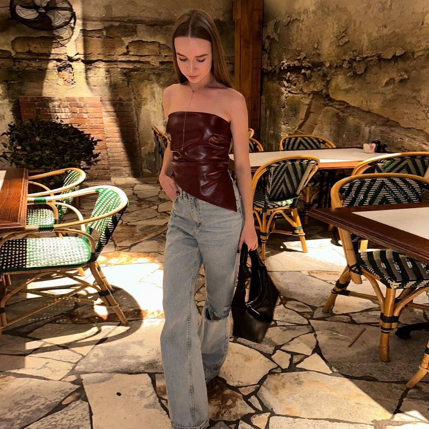 Damen PU-Leder Tube Top rückenfrei schmal geschnittenes Cropped Top