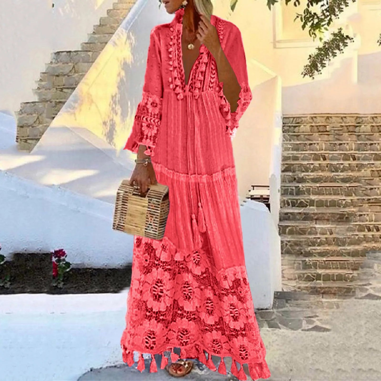 Böhmisches Quasten-Maxikleid mit V-Ausschnitt, großer Größe, Spitze, einfarbig, Mode, Boho, Urlaubskleid