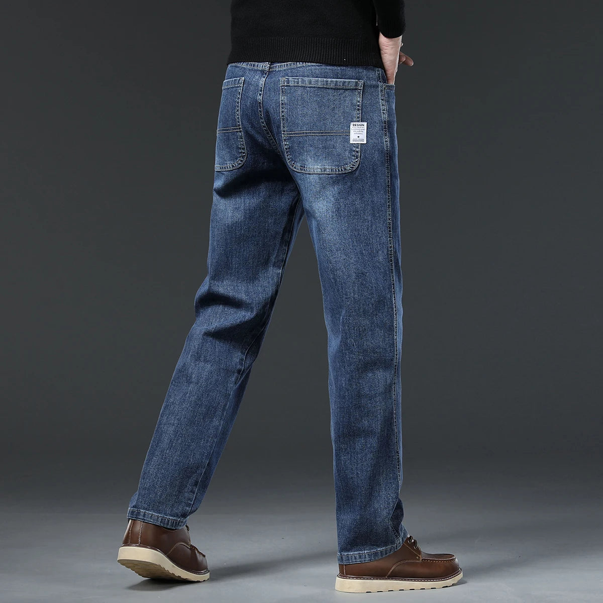 Men's High Waist Business Jeans | Classic Navy Blue Stretch Slim Denim