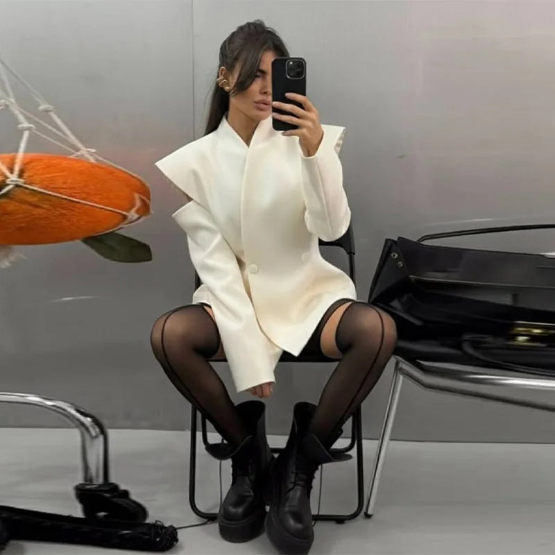 Deconstructed Women’s Modern Waist-Cinched Button Blazer | Full-Sleeve Asymmetrical Tailored Jacket