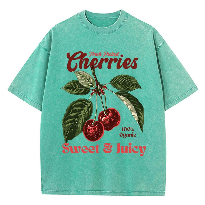 Fresh Picked Cherries gewaschenes Baumwoll-T-Shirt – Vintage-T-Shirt mit Obst-Grafik für Damen