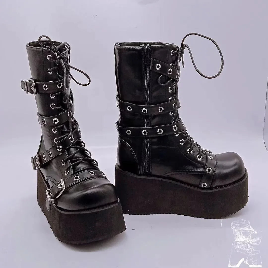 Women’s Punk Wedge Lace-Up Gothic Cross-Tied Platform Mid-Boots