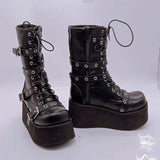 Women’s Punk Wedge Lace-Up Gothic Cross-Tied Platform Mid-Boots