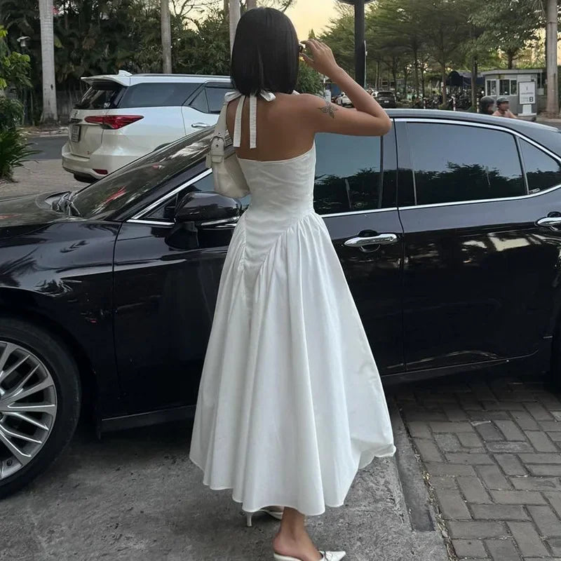 Women’s Sexy Backless Deep V-Neck Maxi Dress – Spliced Halter Sleeveless Dress