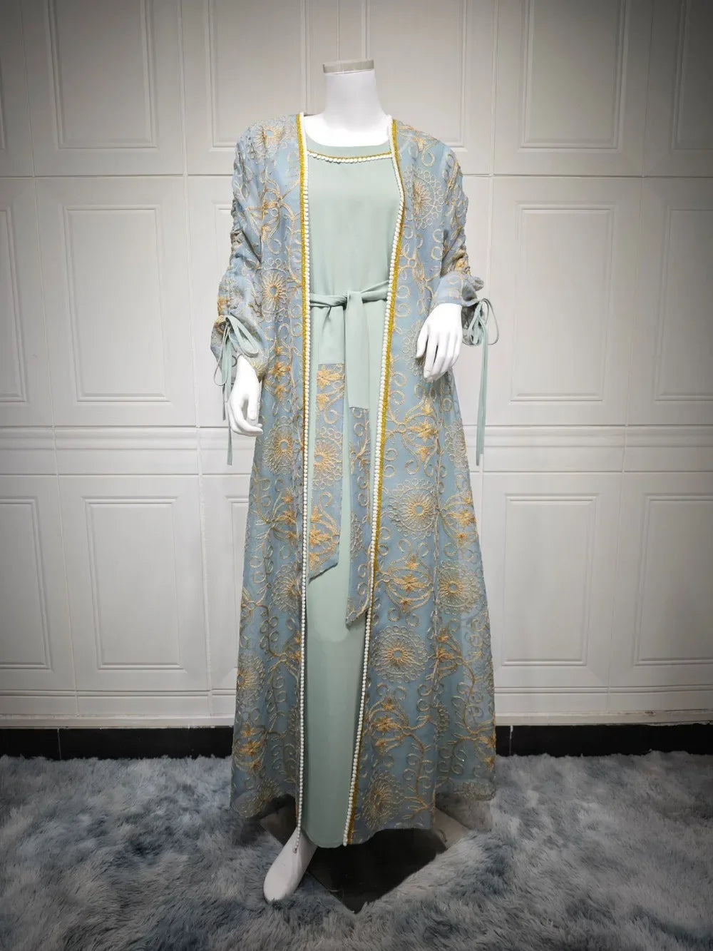 Muslim Women’s 2-Piece Abaya Set for Eid | Embroidered Open Cardigan and Lace-Up Inner Dress