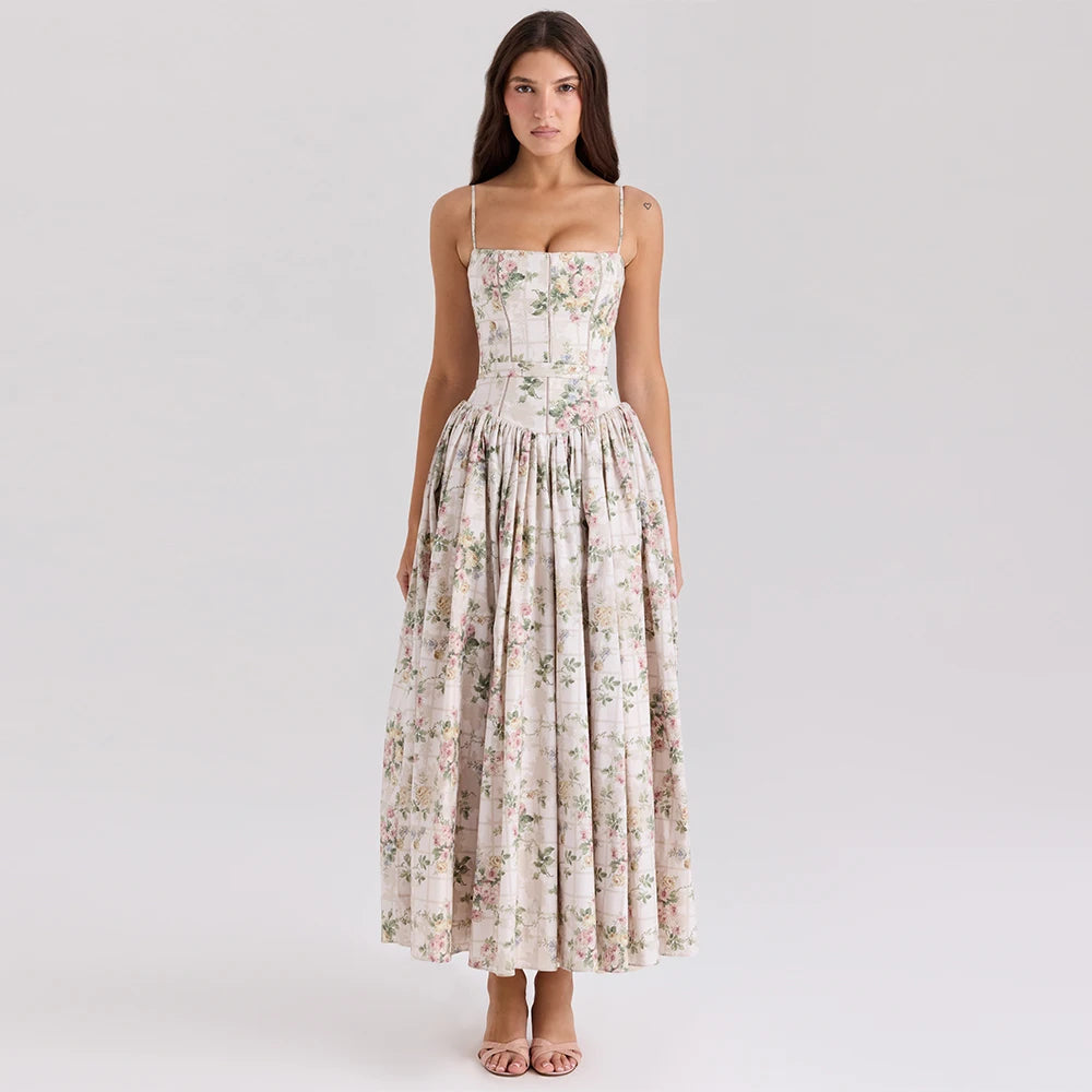 Women's Elegant Beige Floral Print Midi Dress
