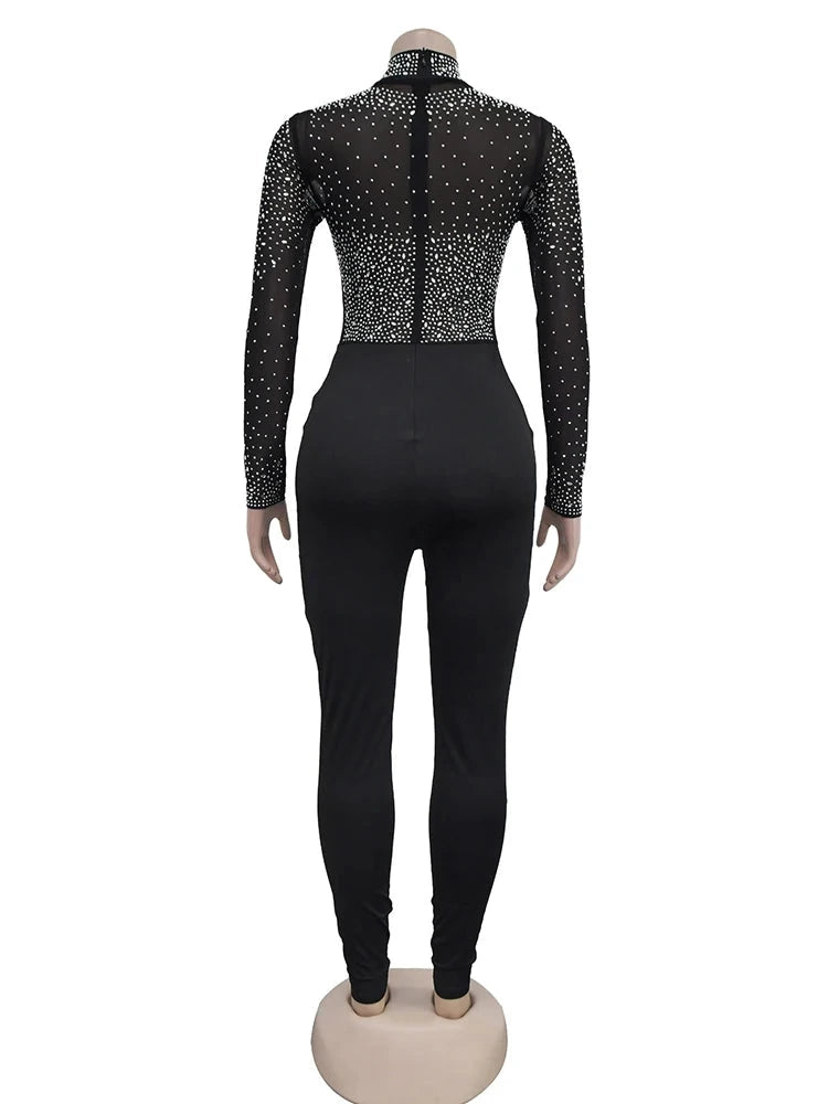 Sexy Black Mesh See-Through Jumpsuit – Sparkly Rhinestone Bodycon One Piece