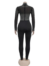 Sexy Black Mesh See-Through Jumpsuit – Sparkly Rhinestone Bodycon One Piece