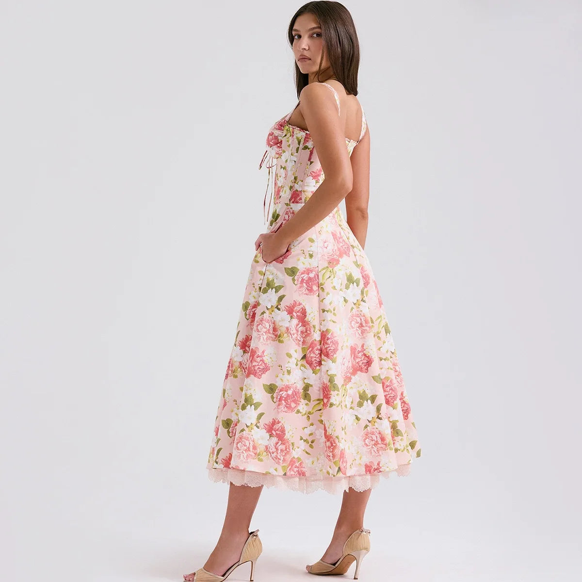 Women's Elegant Pink Peony Floral Corset Dress