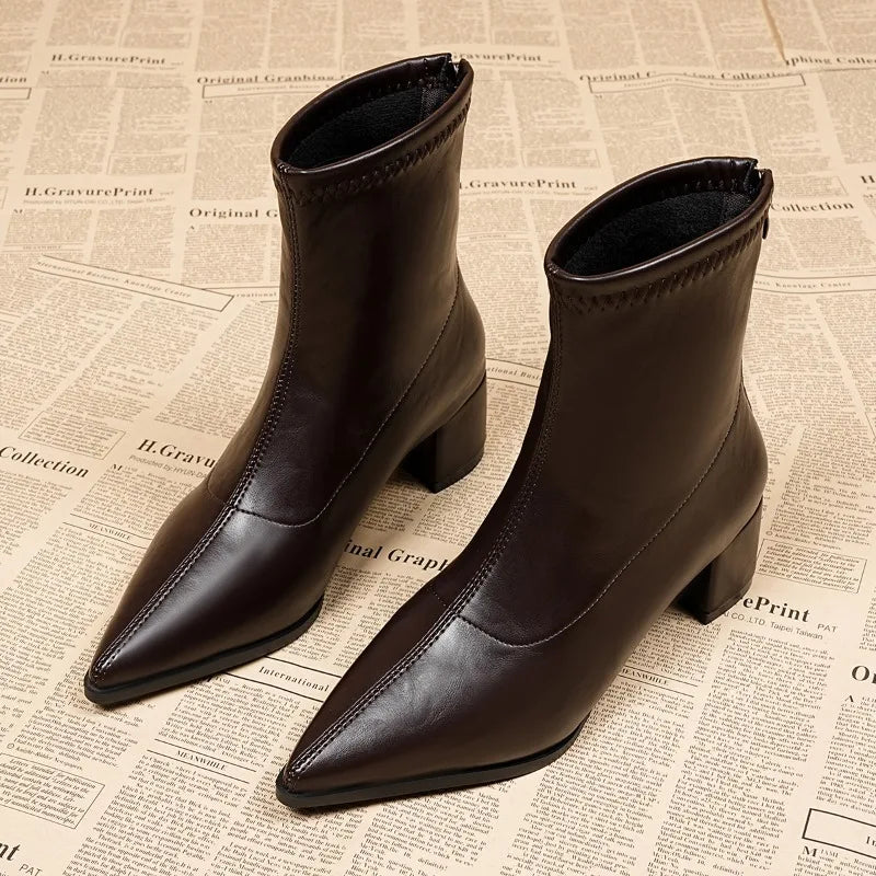Women’s Vintage Thick Heel Ankle Boots – Slim Fit Pointed Toe Short Booties