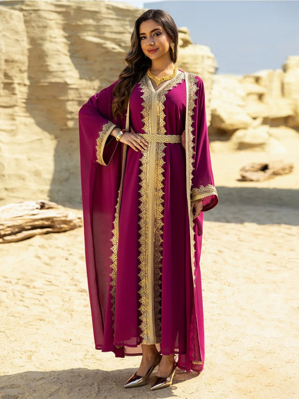 Muslim Women’s Open Cardigan with Inner Dress 2-Piece Set