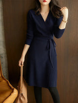 Elegantes Strick-Sweatshirt-Kleid mit V-Ausschnitt, Wickelstil, locker sitzendes langes Kleid für Herbst Winter