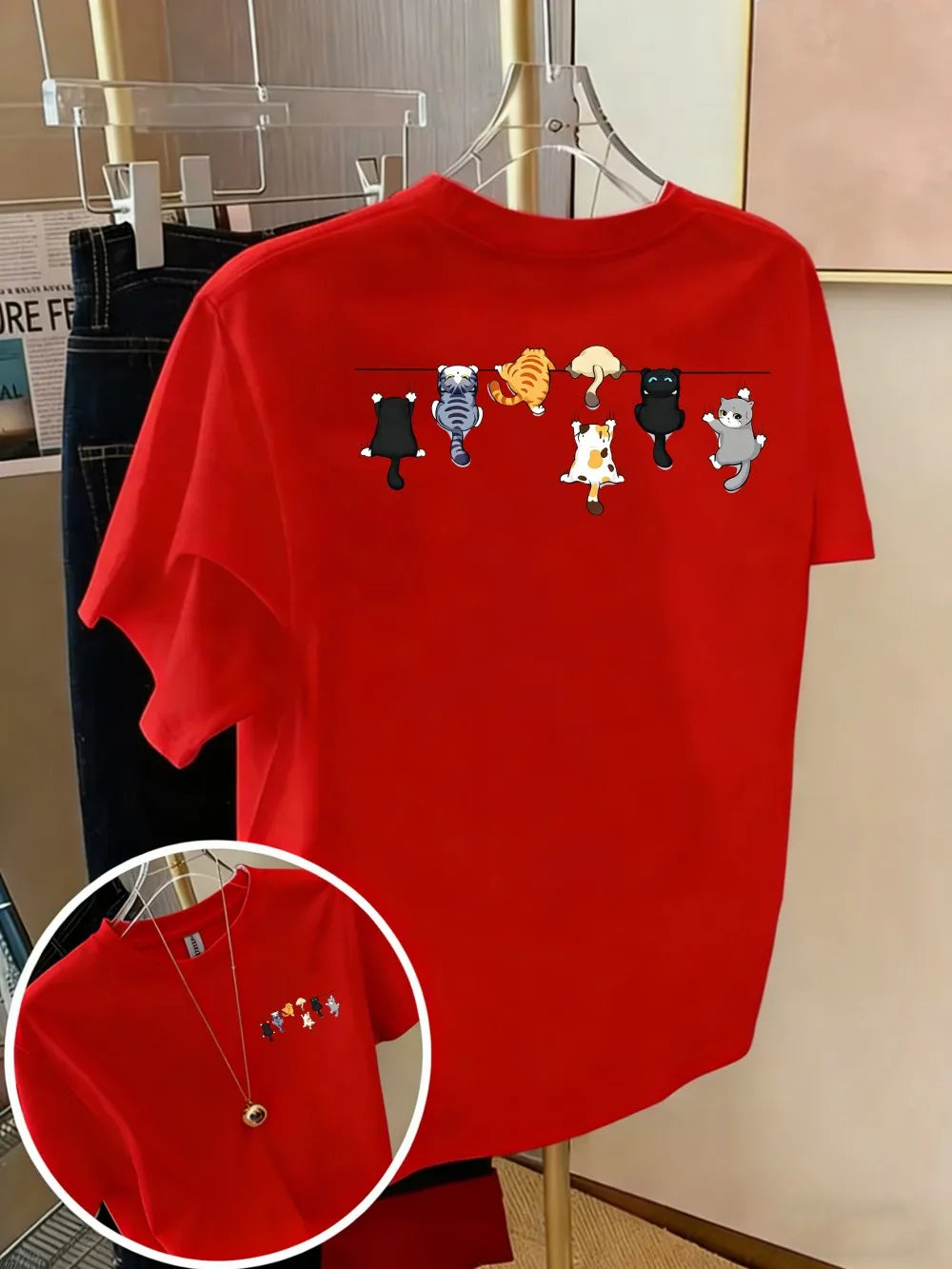 Women's Oversized Cotton Cartoon Cat Print T-Shirt