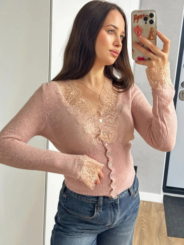 Women’s Elegant Lace Patchwork Cardigan – Chic V-Neck Slim Knit Sweater