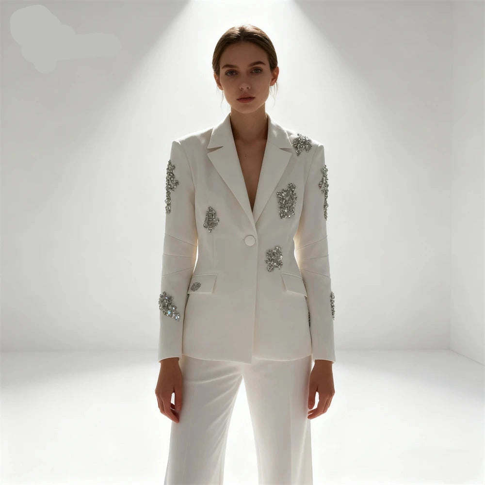 2tlg. Anzug-Set für Damen – Schmal geschnittener Smoking mit Strasssteinen – Elegantes Geschäfts-Dinner-Outfit