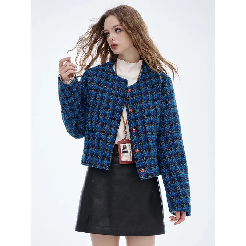Navy Checked Short Jacket for Women: Vintage Y2K Style - New Winter Arrival