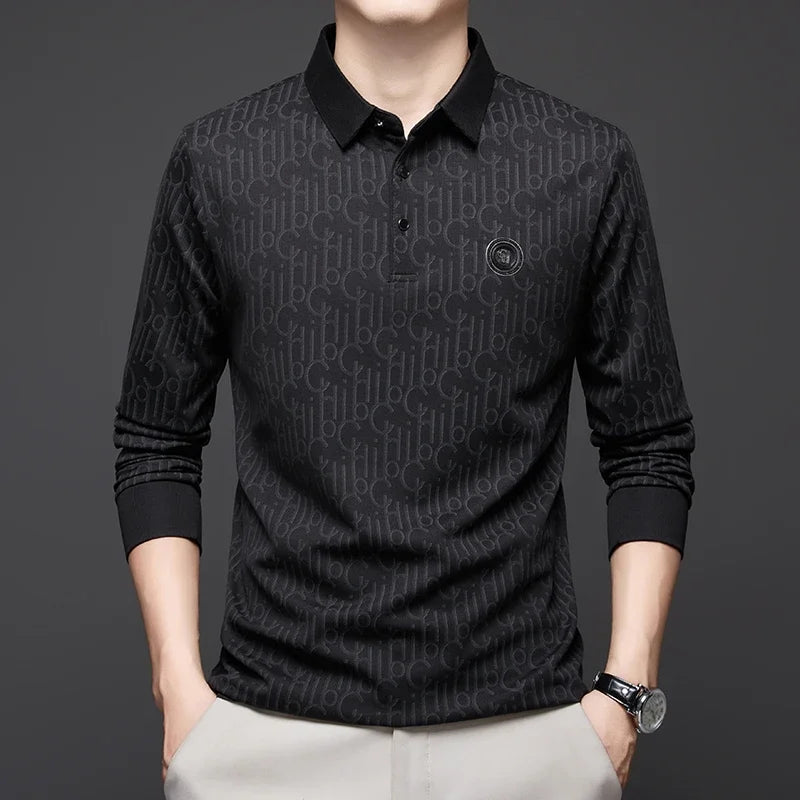 Herren Langarm-Poloshirt mit Abzeichen – Business Casual Uni-Oberteil