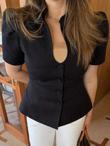 Women’s Stand Collar Short Puff Sleeve Blazer Shirt – Solid Black Single Breasted Blouse