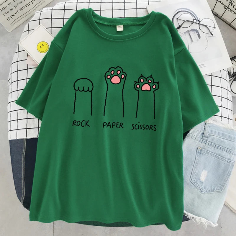 Schere-Stein-Papier Lustiges Katze Grafik-T-Shirt Weiches Casual Streetwear T-Shirt für Damen