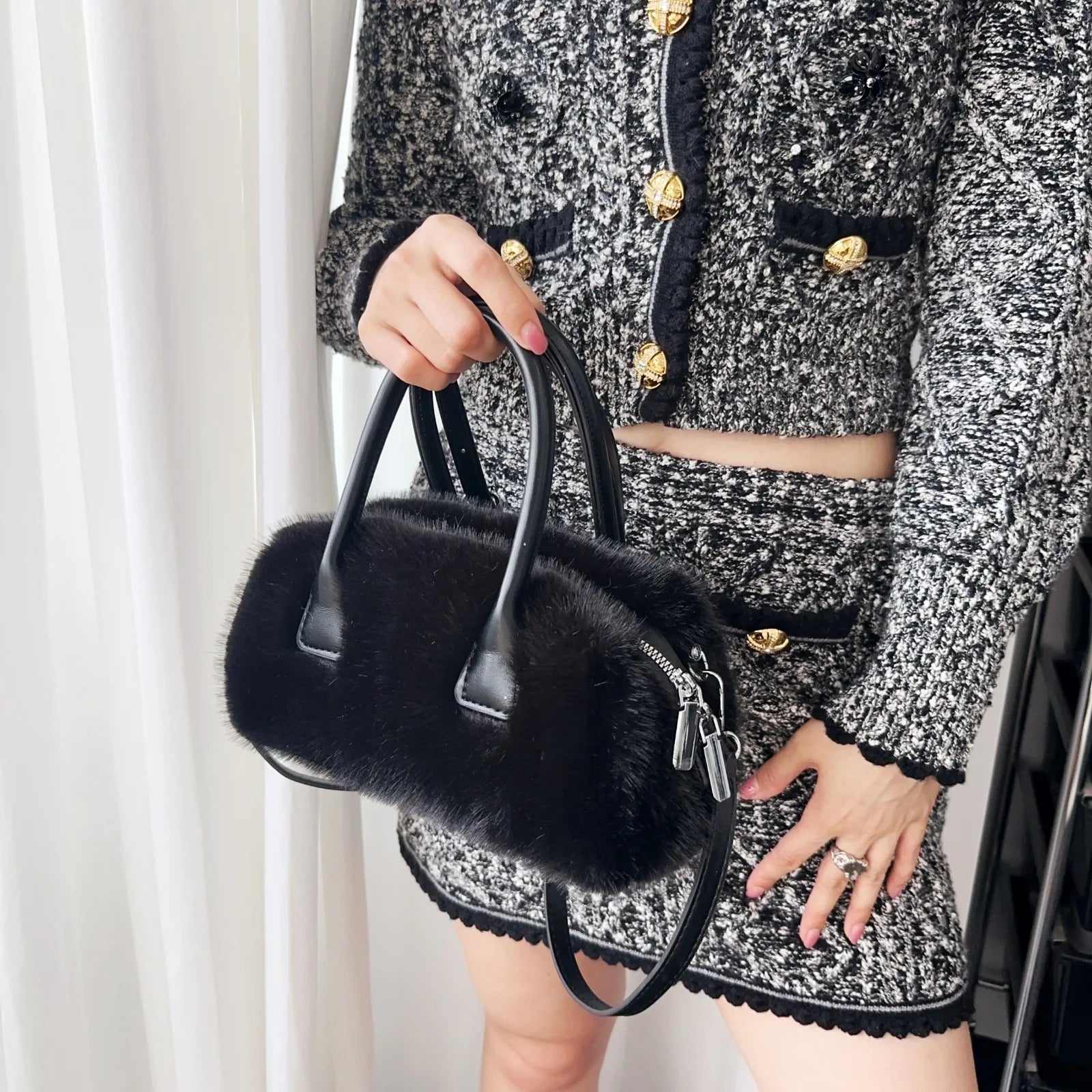 Women’s Faux Fur Small Box Tote – Luxury Plush Crossbody Bag